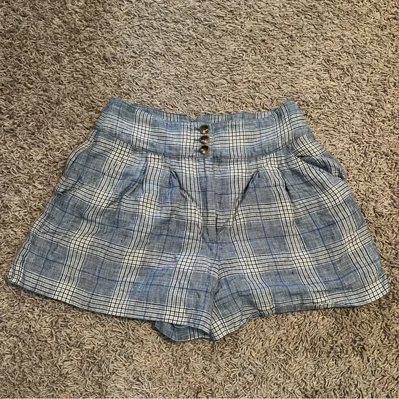 VERONICA BEARD Alicia Windowpane Plaid 100% Linen Shorts Pleated Blue Multi Sz6 - Picture 6 of 15